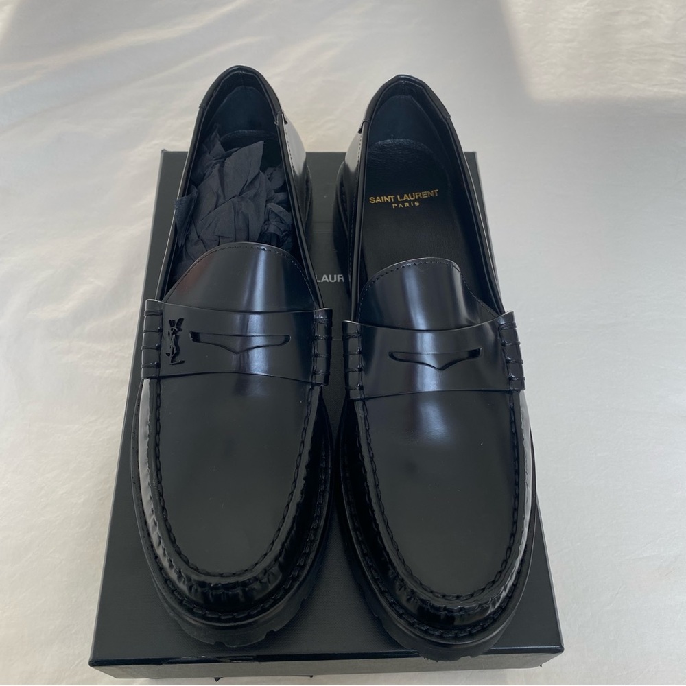 Saint Laurent YSL Black Patent Penny Loafers size 40